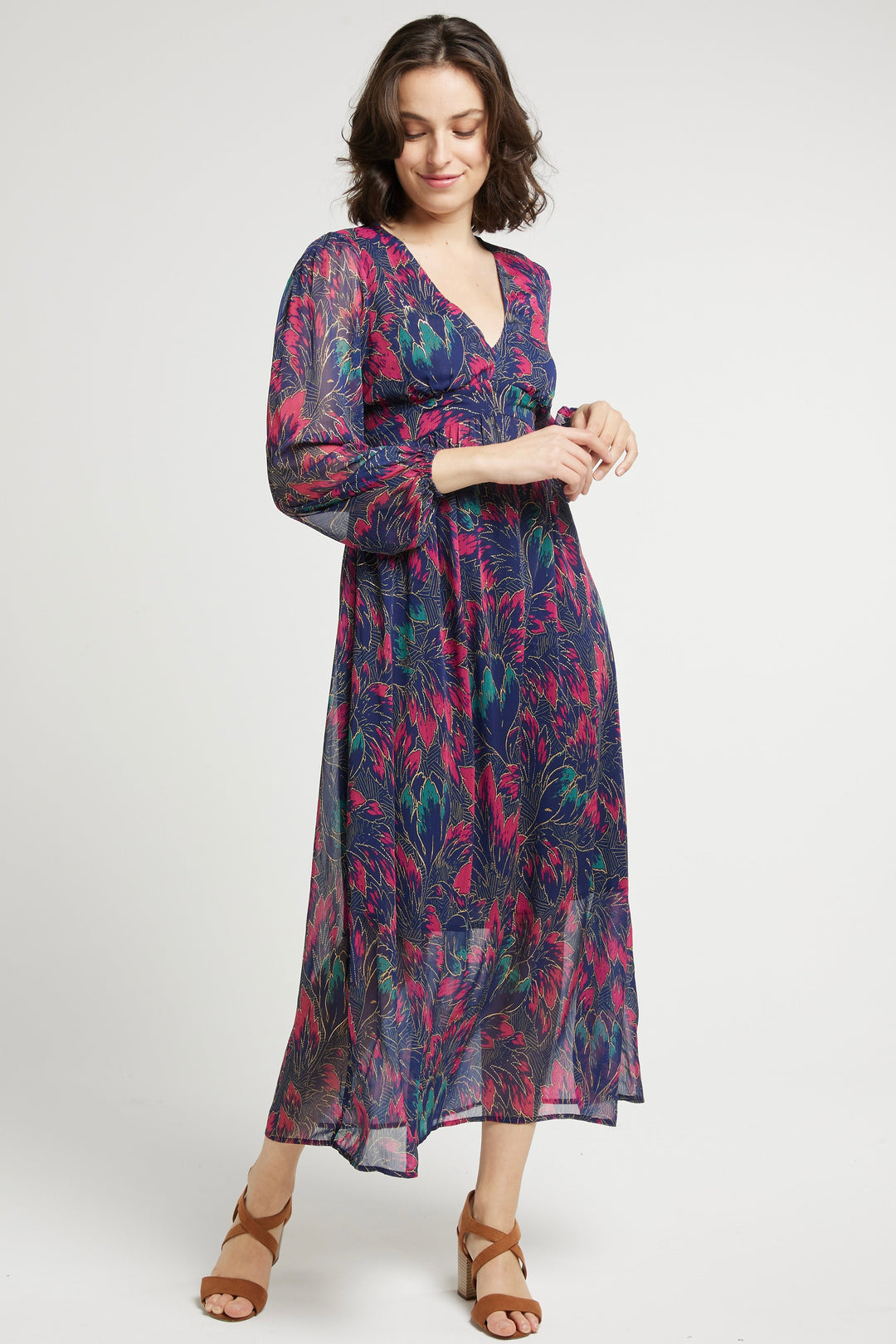 Robe Longue Elisa Imprime Plumage Marine et Prune Andy Lucy